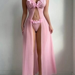 Pink Flower long Gown Net Lingerie