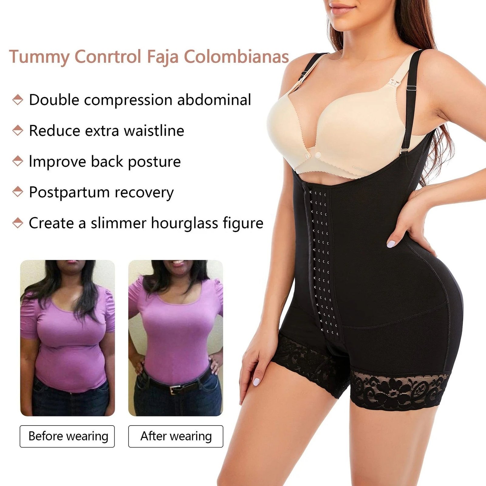 New Arrival Women High Compression Faja Hook And Eye Closure Tummy Control Slimming Bodysuit Bodyshaper - Image 2